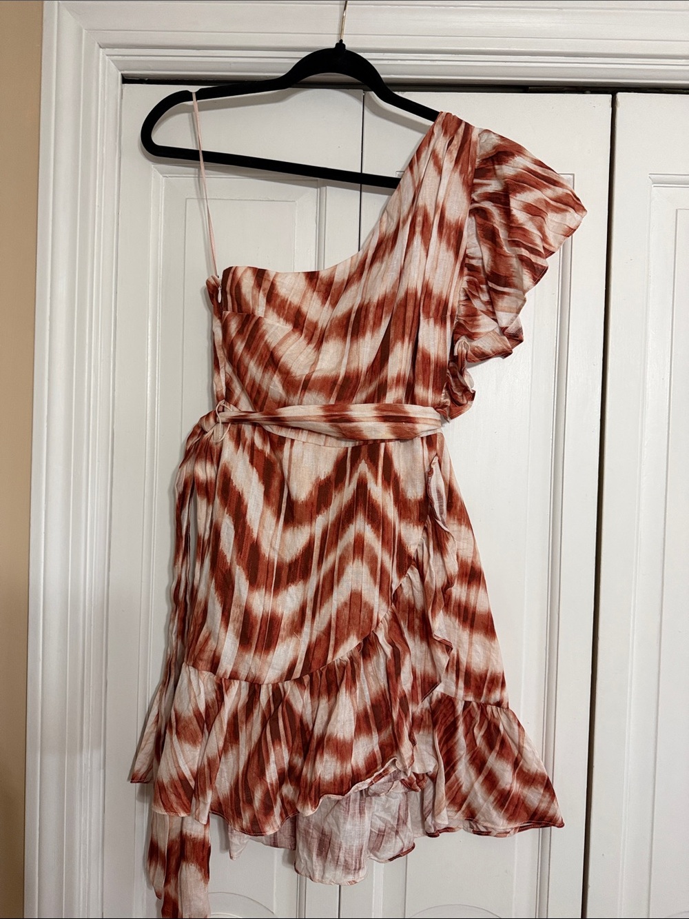 Banana Republic One-Shoulder Linen Rust Stripe Ruffle Dress